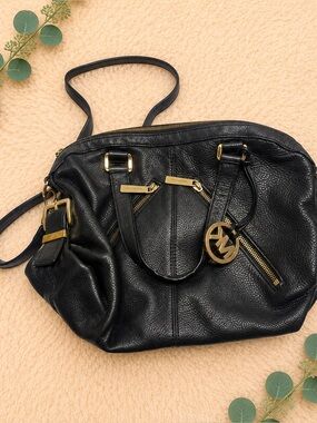 Michael Kors Black Pebbled Leather Satchel with Gold Hardware